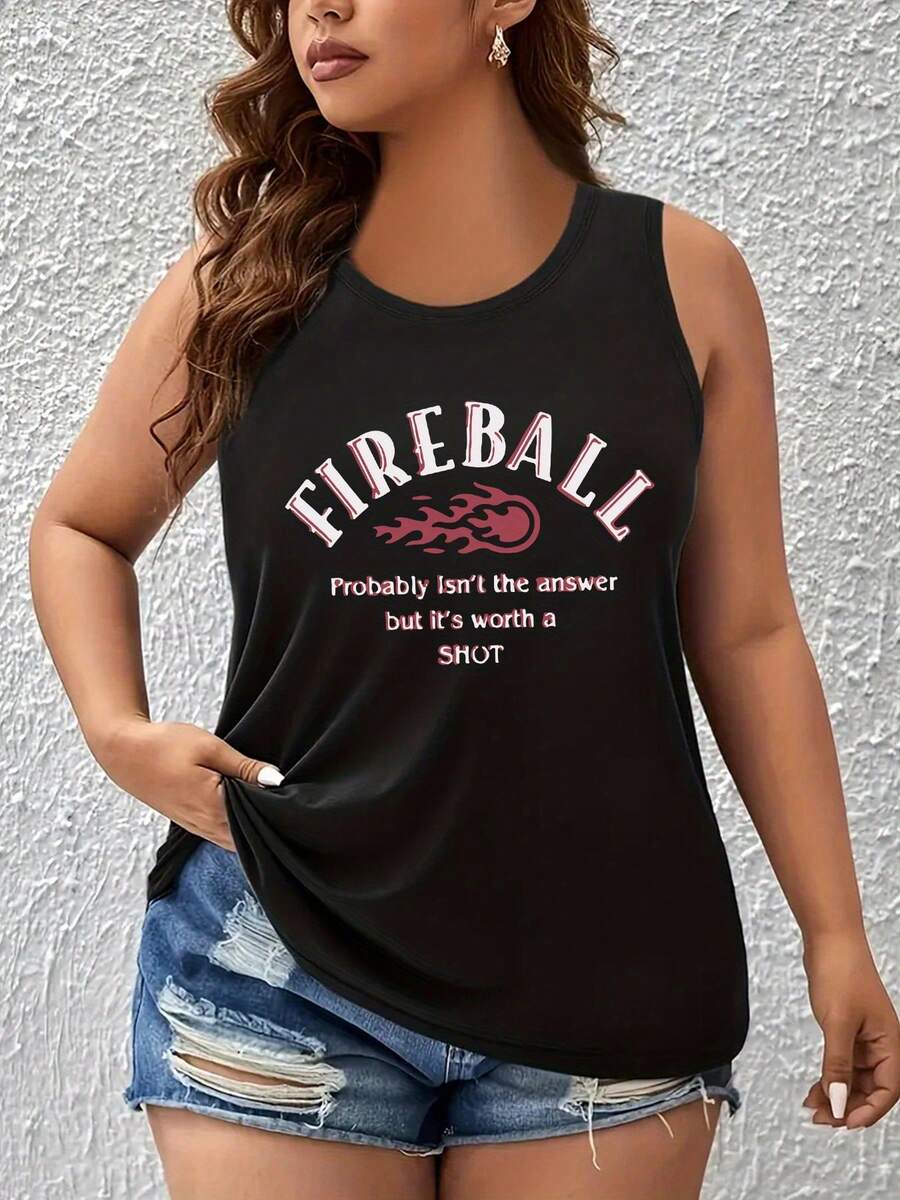 Women'S Plus Size "Fireball" Graphic Tank Top - Casual Crew Neck, Short Sleeve, Lightweight & Stretchy, All-Season Wear, Casual Attire|Playful Print|Stretchy Fabric - 黑色 - 查看 1