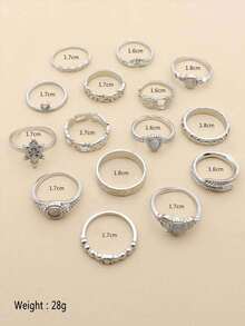 15pcs Gemstone & Rhinestone Decor Ring - Silver - View 4