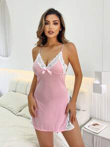 Large Bow Double Slit Sexy Halter Nightgown With Open Back, Contrast Lace Deep V Neck Seductive Camisole Dress (No Bra Or Panties Included) - Phối màu hồng và trắng - Xem 5