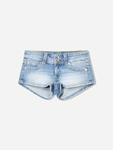 Women's Low Rise Micro Mini Denim Shorts Y2K Retro Double Button Flap Pocket Washed Jean Hot Pants Summer Casual Streetwear - 淺藍色 - 查看 4