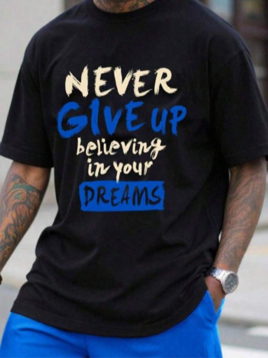 Manfinity LEGND Knitted Men's T-Shirt For Everyday Comfort And Style Never Give Up Print Set Plus Size - Đen 2 - Xem 1