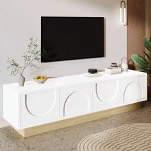 Modern TV Cabinet With Wood Grain Finish – 175 Cm – Minimalist Curved Design – Ample Storage Space & Cable Management - White - View 5