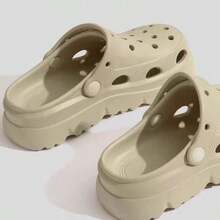 Women's 2026 New Non-Slip, Odor-Resistant EVA Material Hollow Breathable Thick-Soled Increased Height Slimming Solid Color Minimalist Round Toe Slide Sandals, Lightweight Soft Sole For Daily Commute, Beach Vacation, Casual Wear - Khaki - View 7