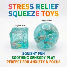 1pc Ocean Sea Creature Transparent Water Squeeze Toy, Seashell Fish Filled Clear Cube & Round Squishy Stress Ball, Soft TPR Glitter Sensory Fidget Toy For Anxiety Relief & Focus Training, Independence Day Gift - NNL06 - View 1