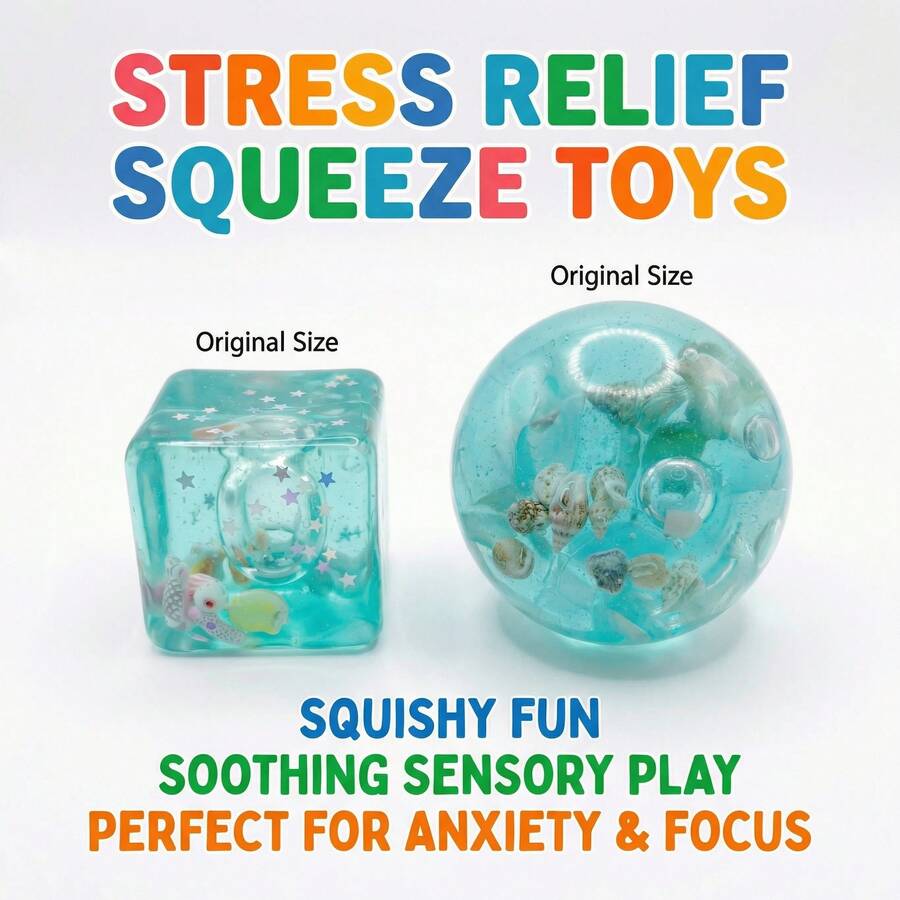 1pc Ocean Sea Creature Transparent Water Squeeze Toy, Seashell Fish Filled Clear Cube & Round Squishy Stress Ball, Soft TPR Glitter Sensory Fidget Toy For Anxiety Relief & Focus Training, Independence Day Gift - NNL06 - View 1
