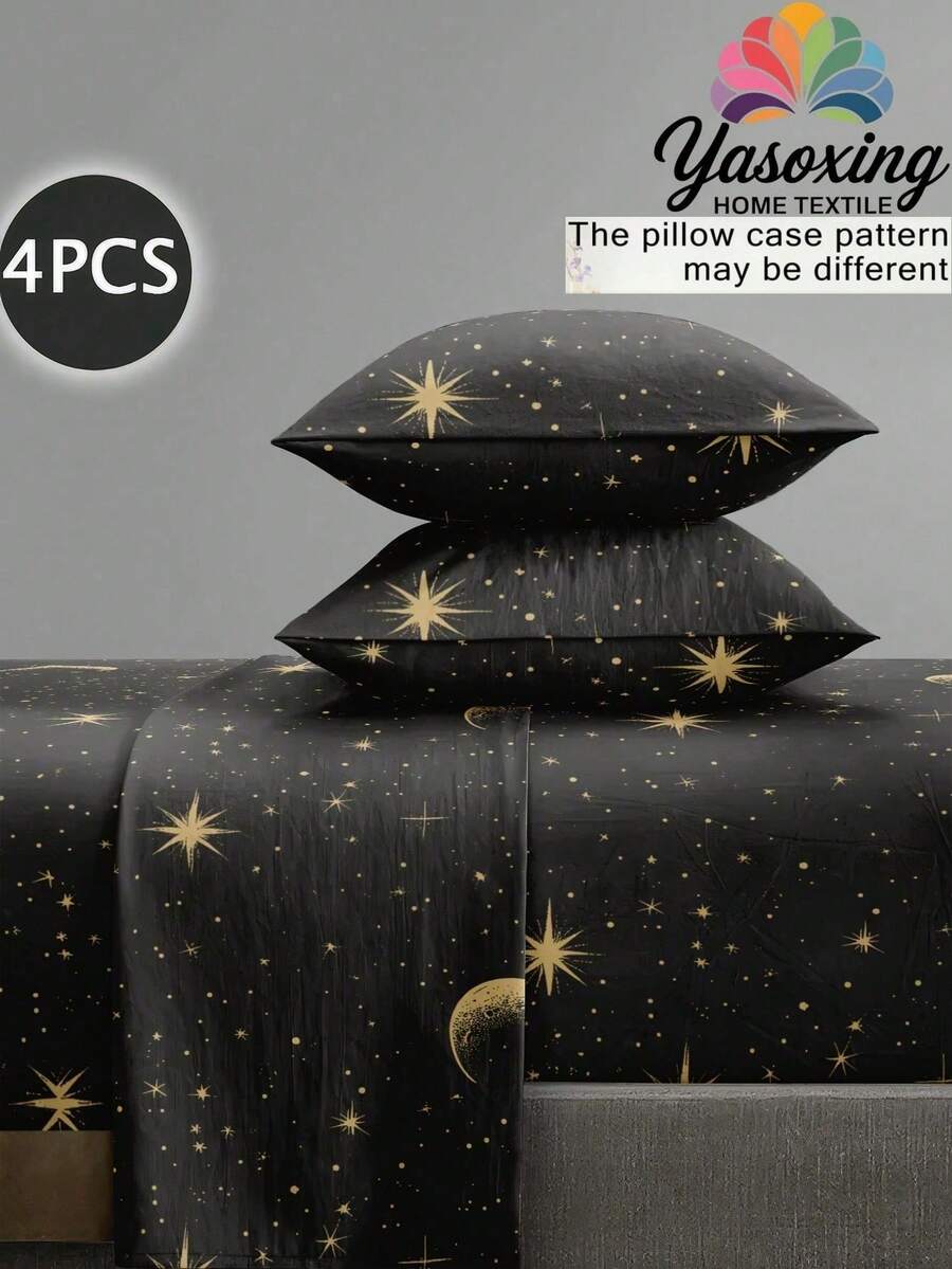 Jogo de cama de 4 peças com padrão de estrela e lua preto, jogo de cama macio de fácil manutenção, jogo de lençol ajustado (1 lençol plano + 1 lençol ajustado + 2 fronhas), adequado para tamanhos King, Queen, Full, Twin, design de lençol ajustado com bolso profundo, fronhas até 11,8 polegadas, macio e respirável, resistente a vincos - Preto - Ver 1