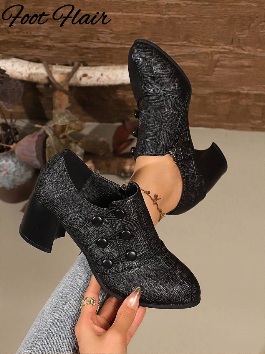 Women's Black Retro Brogue Pointed Toe High Heel Oxford Shoes, Western Style PU Leather, Suitable For All Seasons, Party Shoes, New Casual Fashion High-End Elegant Vintage Minimalist Chunky Heel Women Pumps - Black - View 1