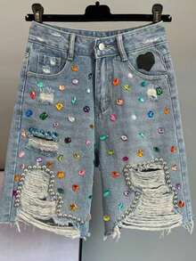 2026 Summer Short Pants High Waist Jeans Hole Shorts Women Stretch Distressed Washed Diamonds Streetwear Straight Denims - 藍色 - 查看 9