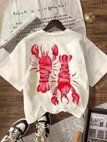 Y2K Pink Lobster Summer Beach Club Casual Round Neck Graphic Tee, Oversized Women's, Summer Top For Women - 杏色 - 查看 2