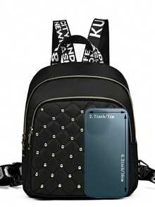 Women's Quilted Studded Mini Backpack, Fashion Nylon Small Backpack With Letter Print Strap, Casual Daypack For Travel School Daily Use, Gift For Girls - Black - View 5
