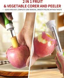2-In-1 Stainless Steel Corer & Peeler – Heavy Duty Fruit Vegetable With Rustproof Blade, Ergonomic Handle, Multifunctional Kitchen Essential Apples, Pears, Bell Peppers - Green - View 2