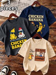 3pcs Cartoon Duck, Chicken, Banana Printed Short Sleeve T-Shirts For Toddler Boys, Casual Loose Fit Round Neck Tees, Perfect Summer Gift, Suitable For Spring & Summer - Multicolor - View 1