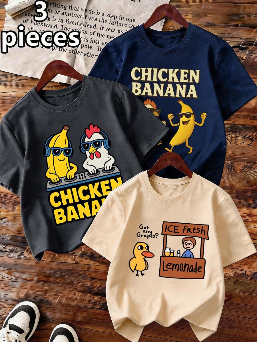 3pcs Cartoon Duck, Chicken, Banana Printed Short Sleeve T-Shirts For Toddler Boys, Casual Loose Fit Round Neck Tees, Perfect Summer Gift, Suitable For Spring & Summer - Multicolor - View 1
