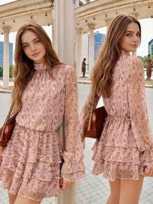 Gaun Lengan 3/4 Berbentuk A-Line Pendek Elegan Berbahan Chiffon Ringan dengan Motif Bunga Ditsy, Gaya Retro Halus, Desain Hem Bergelombang Berlapis, Pakaian Liburan Boho - Baby Pink - View 10