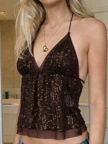 Women's Fashionable Sexy Sheer Sequin Halter Knit Top Summer - Coffee Brown - View 2