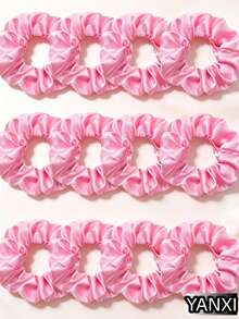 12pcs Solid Color Satin Silk Hair Scrunchies Set, Soft Satin Elastic Hair Ties, Non-Damaging Large Hair Scrunchies, Hair Accessories - Pink - View 2