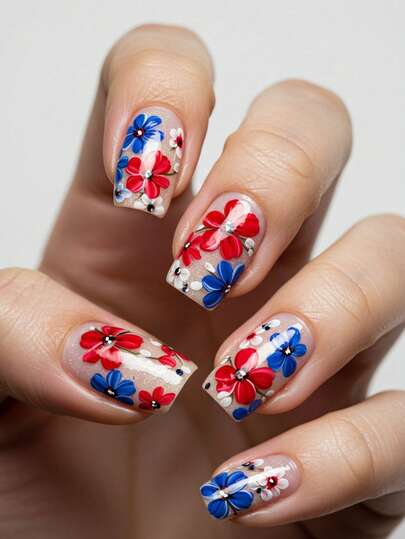 24pcs Short Square 4th Of July Nail Stickers With Red, Blue & Floral Print Accents, Includes 1pc Jelly Gel And 1pc Nail File. Removable Nail Wraps To Make Your Fingertips Shine Bright, Suitable For Women's Daily Work And Party Occasions In Summer
