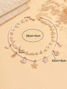 2pcs Summer Sweet Ocean Style Starfish & Shell Beaded Alloy Ocean Creature Pendant Necklace Set, Suitable For Beach, Vacation, Party Wear, Versatile Necklace For Girls - Multicolor - View 4