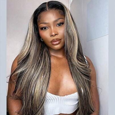 Tinashe 蜂蜜金挑染无胶直发假发，真人发，6*5蕾丝闭合假发，万圣节服装，女士万圣节美甲，烫发器，万圣节化妆，角色扮演，仙女发型，婚礼美人鱼黑色假发，美发用品