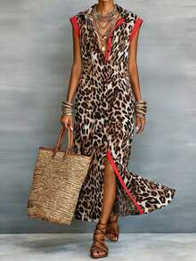 Women's Leopard Print Sleeveless Casual Chic Dress Elegant Vacation Summer - Fiery Red - 查看 1
