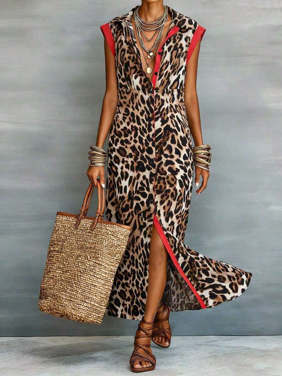 Women's Leopard Print Sleeveless Casual Chic Dress Elegant Vacation Summer - Fiery Red - 查看 1