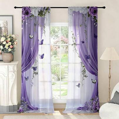 2 piezas de cortinas para dormitorio con efecto de semioscurecimiento, con patrón de flores moradas y mariposas, diseño de bolsillo para barra sin necesidad de perforación, fácil instalación y deslizamiento suave. Cortinas de estilo elegante para la sala de estar y la cocina, adecuadas para la decoración del hogar, la decoración de la habitación y la división de la habitación. Hechas de poliéster, lavables a máquina y lavables a mano