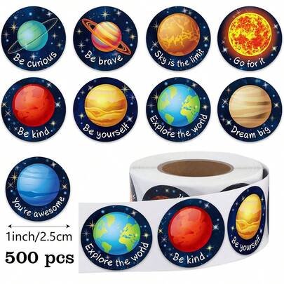 500张/卷 太空行星贴纸，宇宙图案自粘贴纸，适用于教师、家长、学校、学习、培训、手工制作、标签、礼品、装饰、文具
