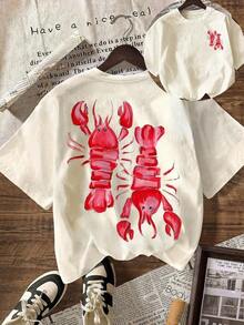 Y2K Pink Lobster Summer Beach Club Casual Round Neck Graphic Tee, Oversized Women's, Summer Top For Women - 杏色 - 查看 7