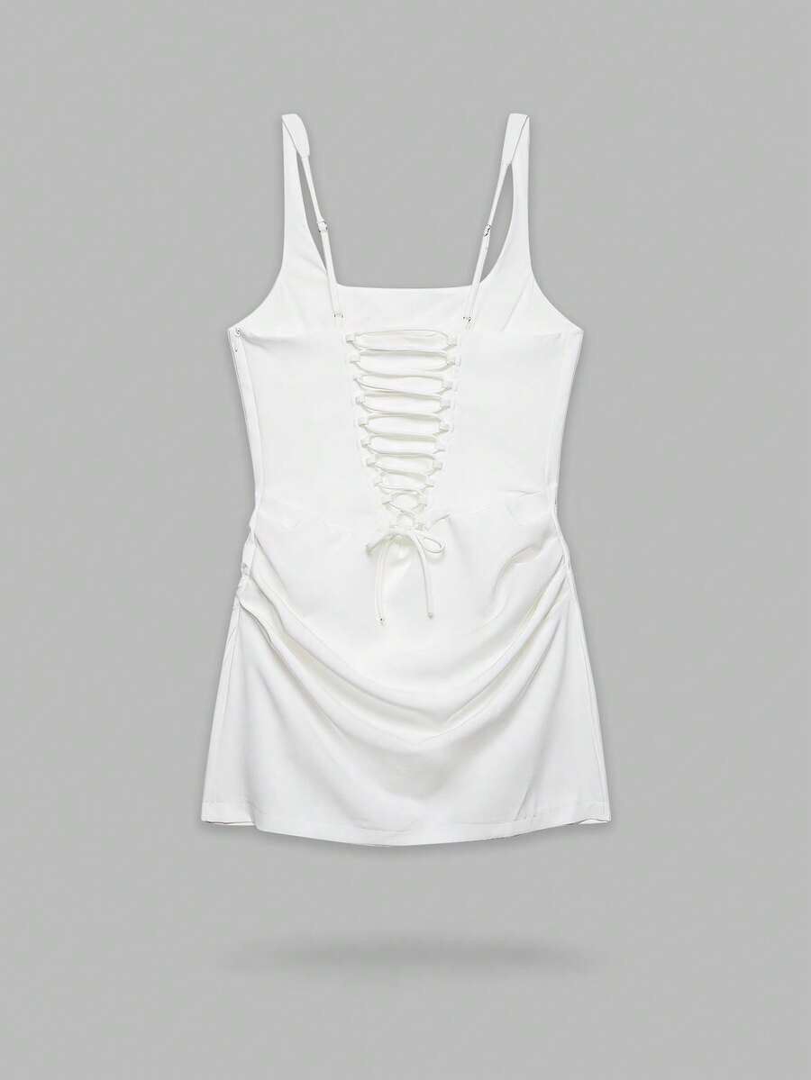 Đầm hai dây YROOE thanh lịch với chất liệu vải xếp ly, chi tiết thắt eo, thích hợp cho nữ mùa xuân/hè. - trắng - Xem 1