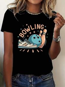 Fashionable And Sporty Women's Short-Sleeve T-Shirt - Features A Vibrant Bowling Graphic, Easy To Wash, Comfortable And Casual Crew Neck Top, Made From A Polyester Blend, Suitable For All Seasons.Available In Multiple Colors And Sizes - 白色 - 查看 1