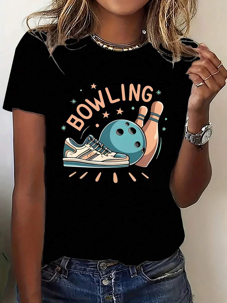 Fashionable And Sporty Women's Short-Sleeve T-Shirt - Features A Vibrant Bowling Graphic, Easy To Wash, Comfortable And Casual Crew Neck Top, Made From A Polyester Blend, Suitable For All Seasons.Available In Multiple Colors And Sizes - 白色 - 查看 1