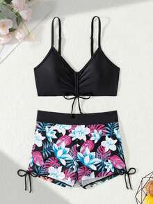 Green Floral Print Wrap-Around Bikini Bottom, Suitable For Various Occasions Vacation Beach Summer - Multicolor - View 3