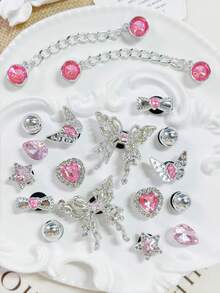 18pcs Silver & Pink Butterfly Diamond Chain Shoe Accessories, Suitable For Shoes With Holes Like Slippers, Sandals, Beach Shoes, Removable DIY Shoe Decorations - Silver Pink Chain - View 2
