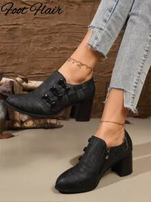 Women's Black Retro Brogue Pointed Toe High Heel Oxford Shoes, Western Style PU Leather, Suitable For All Seasons, Party Shoes, New Casual Fashion High-End Elegant Vintage Minimalist Chunky Heel Women Pumps - Black - View 2