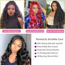 34 Inch Glueless Wigs Human Hair Pre Plucked 13x4/13*6 HD Lace Front Wigs Human Hair Glueless 200% Density Body Wave Lace Front Wigs Human Hair With Baby Hair Natural Black - Natural Black - 查看 11