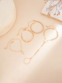 4件套优雅时尚弹力串珠几何金属链十字硬币徽章Y形流苏长款手链，奢华轻盈，适合婚礼、派对、度假、休闲、街头风格，女士及情侣款，节日及生日礼物（串珠链长度可能有所不同） - 連指手鍊 - 查看 6