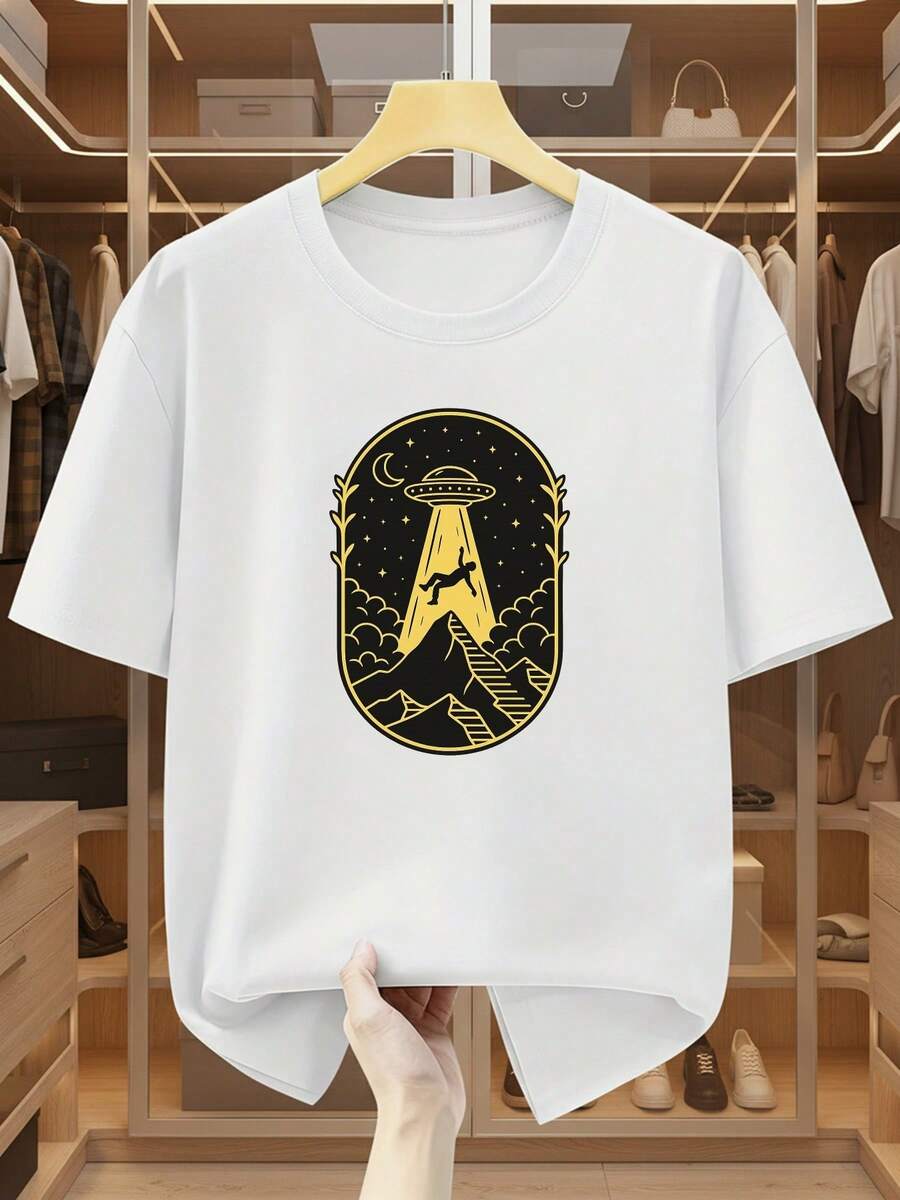 Camiseta de manga corta con cuello redondo para hombre, talla grande, 100% algodón, con estampado de extraterrestres, ovnis y excursionistas, cómoda y casual para el verano, TALLA GRANDE - Blanco - Ver 1