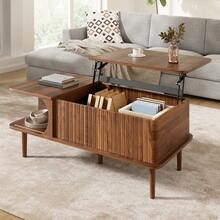 Couchtisch Modern Retro, Höhenverstellbare Tischplatte, Verschiebbare Tür, Walnuss-Optik, Vertikale Rillen, Holzbeine, Multifunctional Wohnzimmertisch - Walnut - View 4