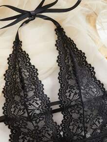 Lingerie With A Large Bow For Women, Featuring A Seductive Lace Teddy Design And A Sheer Strappy Bodysuit In The Sexy Style - Black - View 5