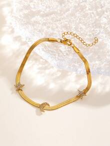 1件简约时尚夸张奢华不锈钢多元素花朵、星星、月亮、蝴蝶、心形镶嵌立方氧化锆蛇骨链手链，适合女士日常休闲佩戴，精致优雅百搭 - 彩色 - 查看 15