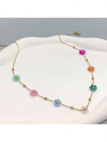 1pc Summer Fashionable And Lovely Girls' New Style Small Flower Necklace, Stainless Steel Collarbone Chain, Colorful Beads, Gift, Perfect For Back To School, Wedding Season And Bohemian Style Vacation Valentines,Mom,Mother,Mother's Day,Gift - Nhiều màu - Xem 6