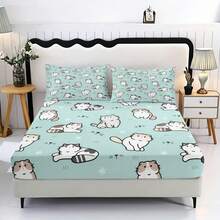 3pcs Cute Cartoon Cat Pattern Printed Fitted Sheet Set, Including 1 Fitted Sheet And 2 Pillowcases. Multiple Sizes Are Available. It Is Suitable As A Holiday Gift For Friends And Can Be Used In Bedrooms, Guest Rooms, Dormitories, And Hotels. - Multicolor - View 4