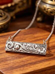 1件波西米亚风格浮雕花卉长吊坠项链，复古个性化颈链 - 銀色 - 查看 6