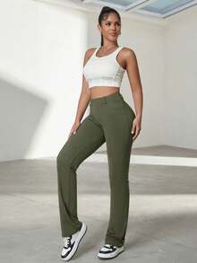 Y2K Style High Stretch Fitted Yoga Pants With Diagonal Pockets, Minimalist Comfortable, High Quality, Suitable For Daily Casual, Running, Workout, Office Wear And Other Occasions For Women In Autumn Spring - Army Green - View 6