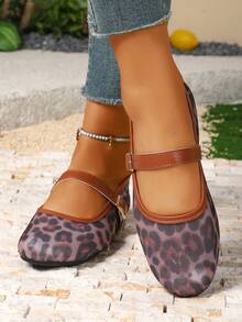 Sapatilhas Mary Jane de malha com estampa de leopardo, bico redondo com fivela marrom, estilo retrô chique para o dia a dia, confortáveis e versáteis para encontros e para mulheres. - marrom rosado - Ver 2