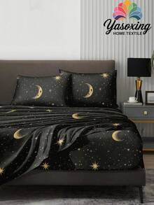 Jogo de cama de 4 peças com padrão de estrela e lua preto, jogo de cama macio de fácil manutenção, jogo de lençol ajustado (1 lençol plano + 1 lençol ajustado + 2 fronhas), adequado para tamanhos King, Queen, Full, Twin, design de lençol ajustado com bolso profundo, fronhas até 11,8 polegadas, macio e respirável, resistente a vincos - Preto - Ver 5