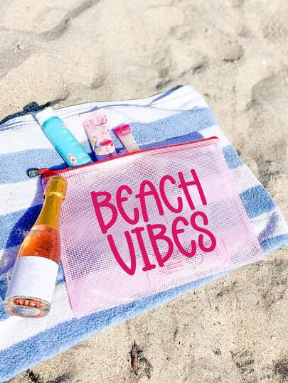 1 túi đi biển bằng vải lưới chống thấm nước nhiều màu sắc, in chữ "Beach Vibes". Túi đựng mỹ phẩm trong suốt dung tích lớn có khóa kéo - Nhẹ, bền, thích hợp đựng đồ dùng mùa xuân và mùa hè, lý tưởng cho bơi lội, đi biển, lặn biển và kỳ nghỉ hè, học sinh trở lại trường, túi chống nắng, quà tặng cho bạn bè, gia đình, bạn thân, bạn cùng lớp. Món quà và quà lưu niệm hoàn hảo cho sinh nhật, ngày lễ, tiệc tùng, đám cưới (cho phù dâu), Ngày của Mẹ, Ngày Nhà giáo.