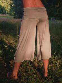 Fold Over Wide Leg Capri Pants For Women Low Rise Yoga Flare Culottes Y2k Flowy Crop Palazzo Gaucho Pants Summer Beach Bottom - 棕色 - 查看 2