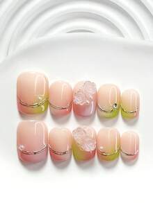 10pcs Minimalist Princess Style Handmade Nail Art Set, Including Gel Nail Kit, 3D Glitter Rose Nail Accessories, Hand-Painted Gold Edge Design, Bridal Nail Kit, With Nail Tools (1 Jelly Sticker + 1 Nail File), Available In 3 Sizes: Square, Short Square, Almond, Suitable For Parties, Daily Wear, Events, Photo Shoots, Spring/Summer Commute, Best Gift For Ladies - 彩色 - 查看 2