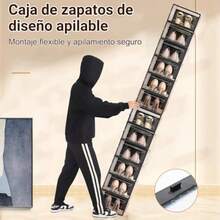 Caja de zapatos de plástico apilable organizador de cajas de zapatos multifuncional con 6 bolsas antipolvo caja de zapatos doméstica para salón y dormitorio - Transparente y negro - Ver 5
